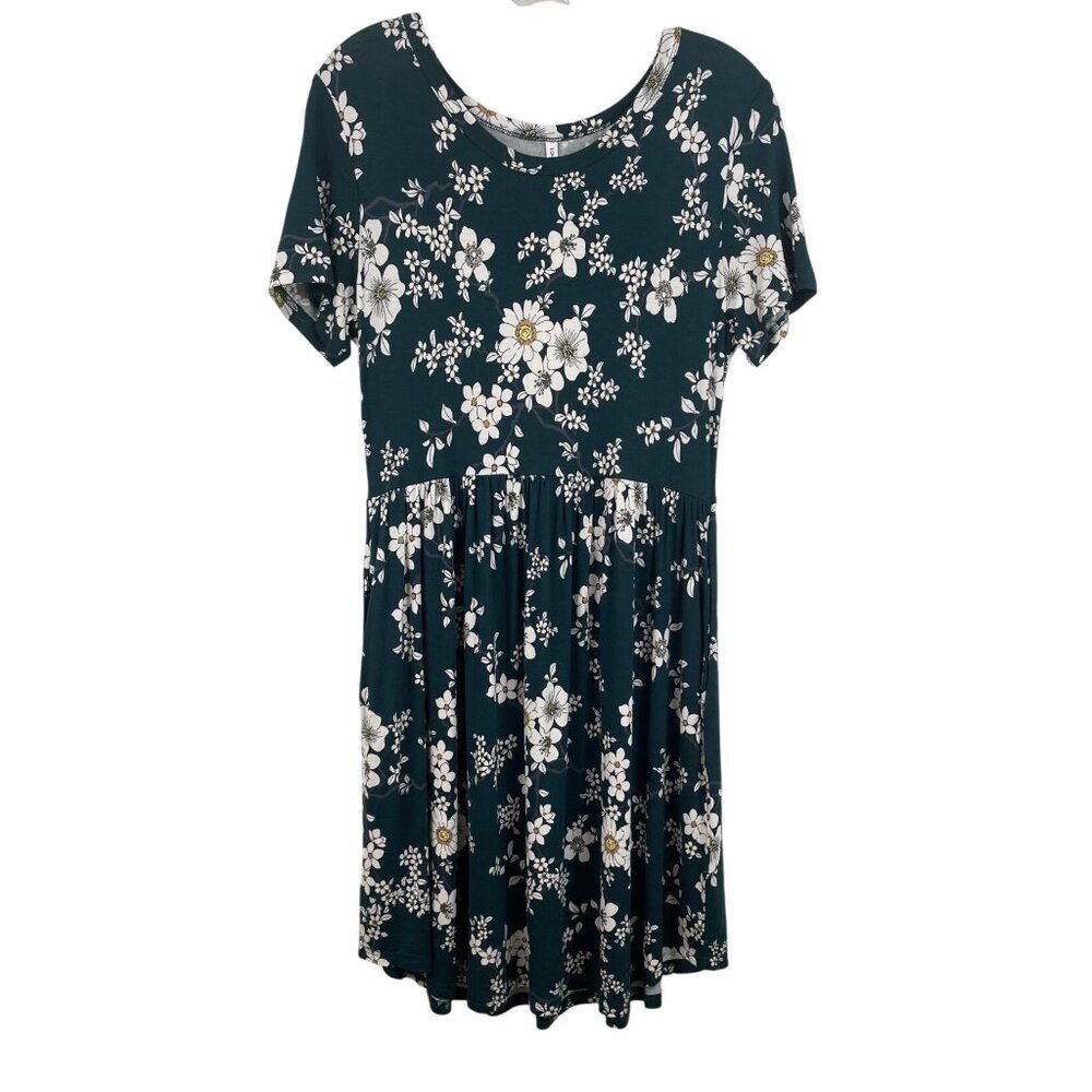 Floral Print Womens Size Medium Short-Sleeve Green Midi Dress By Longyuan